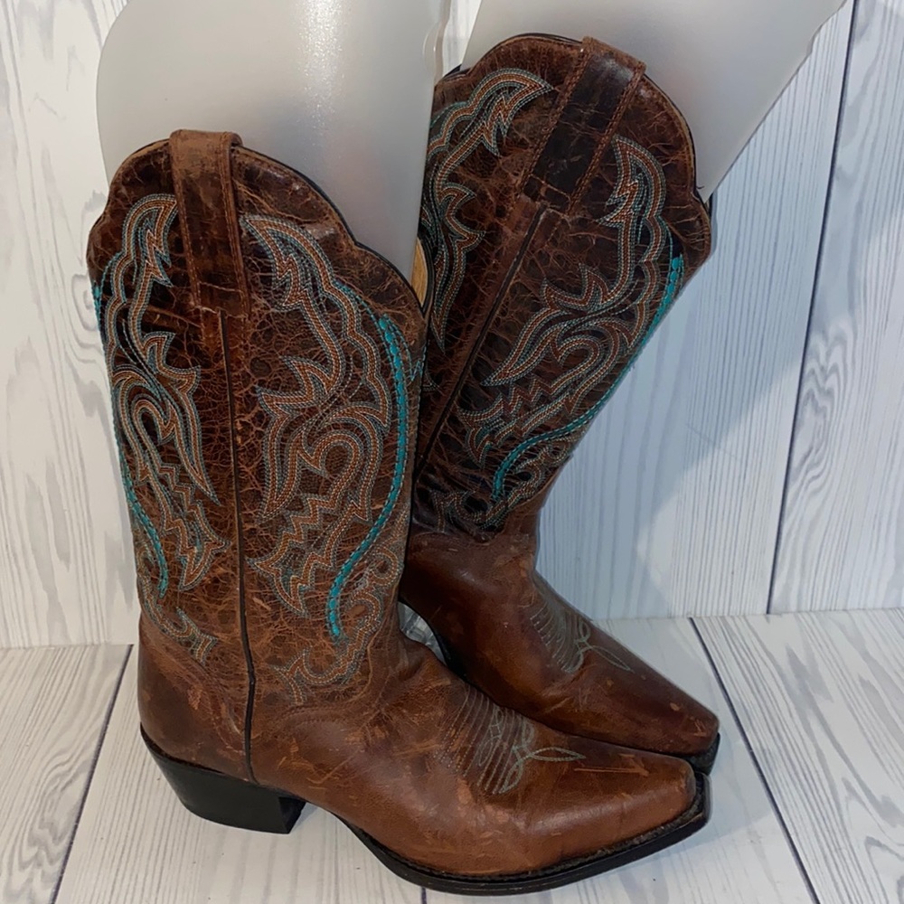 J.B. Dillon Distressed Brown Boots with Blue Accents